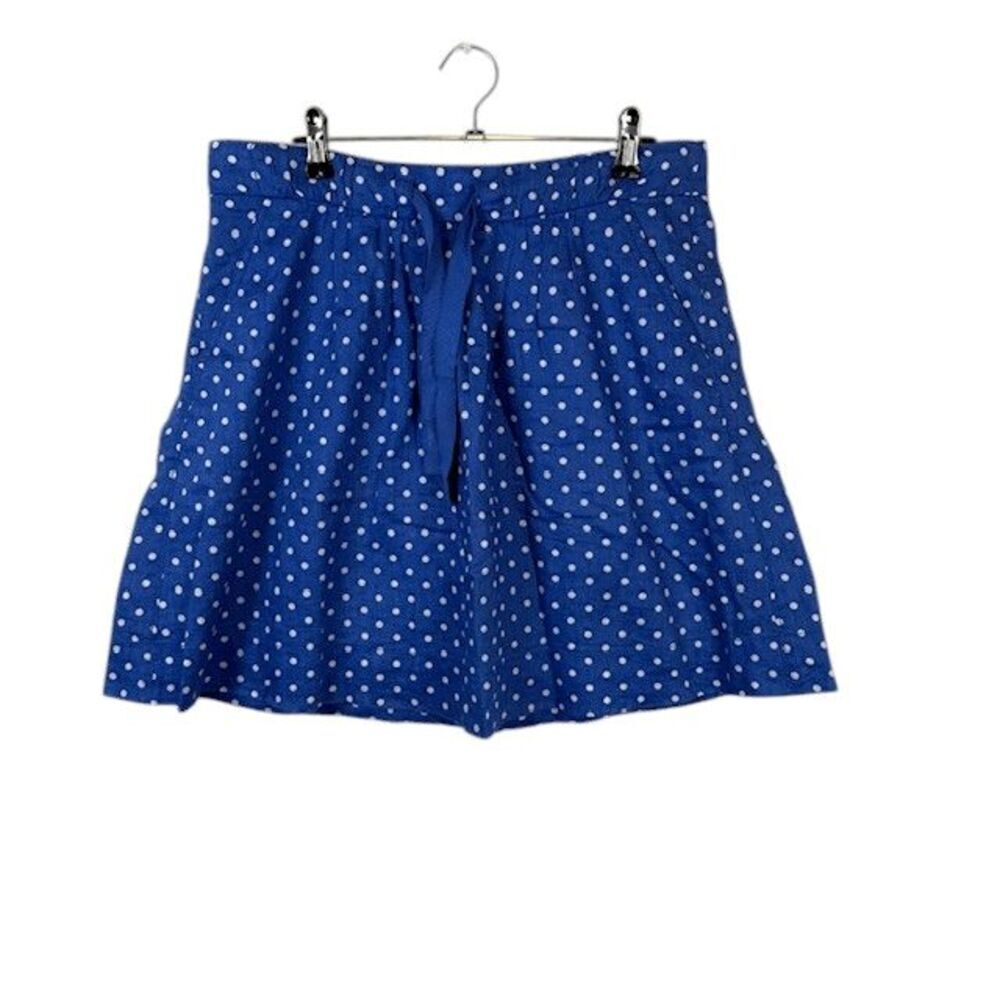 J. Crew 100% Linen Drawstring Mini Skirt Blue White Polkadot‎ Pockets Size 8